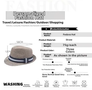 Men's retro paper straw jazz hat size details showing 58cm circumference and 12cm height
