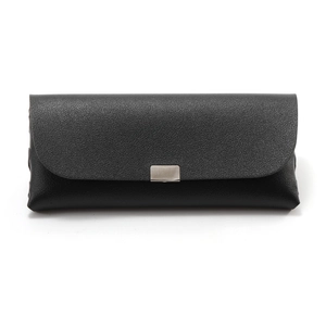 Portable black leather sunglasses case with silver magnetic closure and pebble texture
