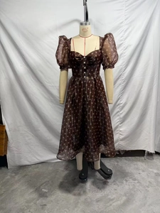 Detail showing brown polka dot midi dress with puff sleeves and heart-shaped neckline