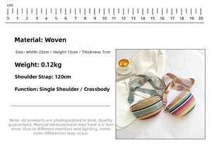 Detailed size chart for Bohemian straw waist bag showing dimensions 23cm x 15cm x 7cm