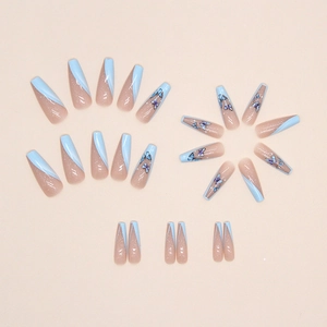 Long ballerina press-on nails with light blue French tips and purple butterfly art