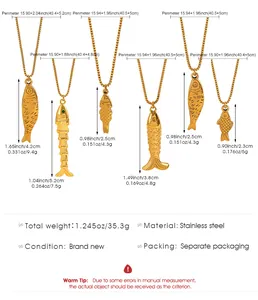 Size chart for golden stainless steel fish necklaces showing dimensions and weight details