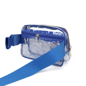 Detail of blue transparent PVC mesh belt bag with nylon strap and metal zipper
