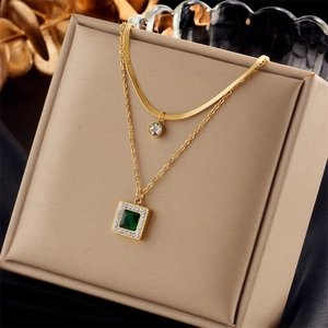 Retro Double Layer Stainless Steel Gold Plated Necklace For Women Square Green Gemstone Rhinestone Pendant Elegant Jewelry