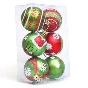 Set of 6 green and red Christmas ornaments with glitter patterns and Merry Christmas text