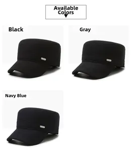 Three colors of men's winter flat top caps in black, grey, and navy blue with metal logo