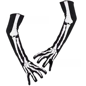 Detailed view of 50cm long skeleton gloves with white bone prints for Halloween cosplay