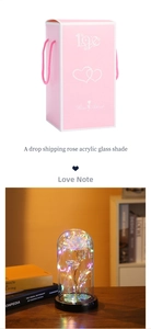 Close-up of pink gift box and illuminated gold foil rose in a glass dome with LED lights