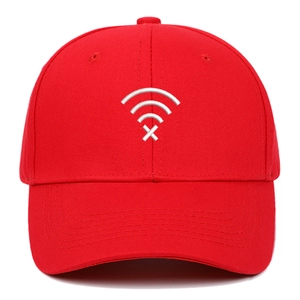 Classic red cotton baseball cap featuring white Wi-Fi disconnected icon embroidery