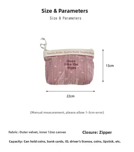 Pink velvet makeup bag with 'Shine Like the Stars' embroidery and 22x13cm size dimensions