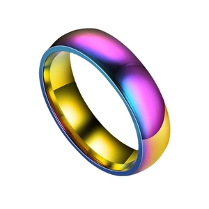 Minimalist rainbow gradient stainless steel ring with polished finish on white background