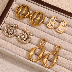 Luxury 18K gold plated earring set with geometric shapes, pearls and crystal studs