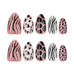 Rosa und weiße Almond-Press-on-Nägel-Set mit auffälligen Leoparden- und Zebramustern