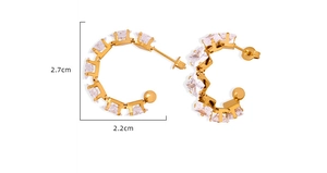 Detailed size view of C-shaped gold-plated earrings with square-cut cubic zirconia