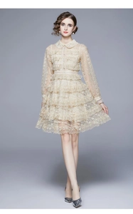 Détail d'une robe en dentelle beige à volants avec manches longues et col de poupée