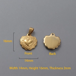 Macro view of 18k gold heart pendant showing 16mm x 14mm dimensions and vacuum plating