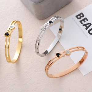 Stainless Steel Heart Bangle Bracelet For Women With Black And White Rhinestones Double Layer Hollow Jewelry Gift