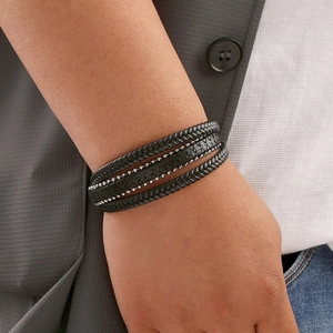Men's fashion layered black leather woven bracelet with stainless steel metal beads