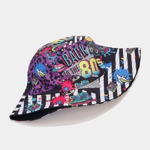 Detail of retro 80s graffiti print bucket hat showing vintage patterns and textures