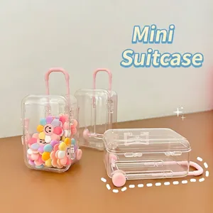 Mini Suitcase Jewelry Box Transparent Plastic Rolling Wheels Telescopic Handle Cute Travel Style Small Trinket Storage Case