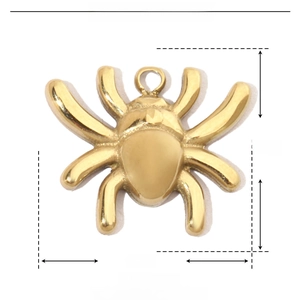 Macro view of a 12mm golden stainless steel spider pendant with weight and size details