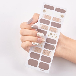 Pink and snowflake pattern full wrap nail stickers with glitter finish on a product card