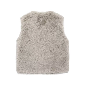 Detailed close-up showing the soft plush texture of the light gray faux fur vest