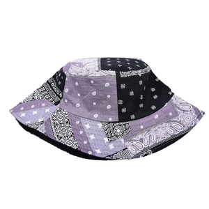 Detail of multi-color paisley patchwork fisherman hat with flat top and boho patterns