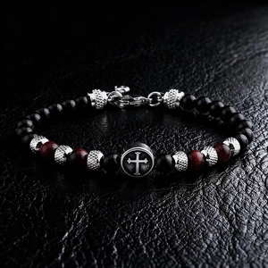 Men's 6mm black and tiger eye beaded bracelet with stainless steel cross charm