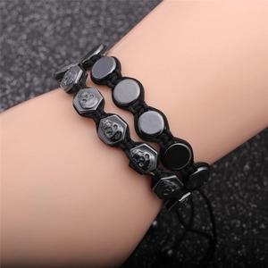 Hematite Tiger Eye Stone Bead Adjustable Bracelet With Skull Charm Punk Gothic Style Jewelry For Men Women