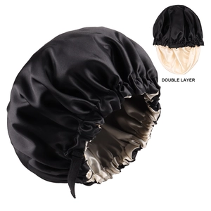 Double layer black and beige satin bonnet with adjustable strap and elastic band