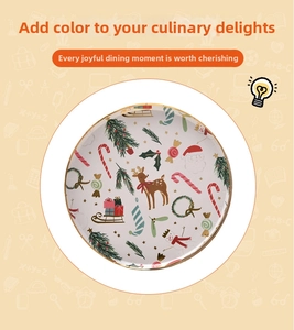 Detail of Christmas disposable paper plates with gold foil edges and festive holiday icons