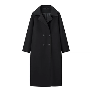 Women Woolen Coat Lapel Neck Long Sleeve Loose Fit Mid Length Solid Black Elegant Casual Outerwear