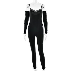 Sexy black lace jumpsuit with detached sleeves for party and nightclub outfits