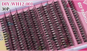 Macro detail of 30P DIY eyelash clusters in pink tray showcasing 10 neat rows of extensions