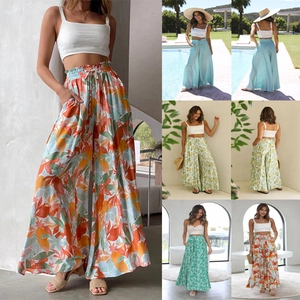 Pantalon large bohème à taille haute avec imprimé floral et cordon de serrage