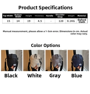 Size chart for Oxford cloth crossbody bag with specific dimensions and color options