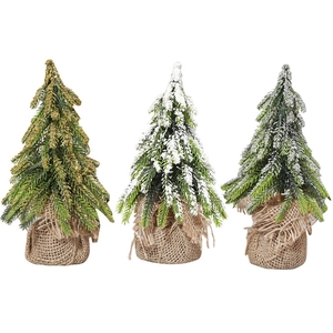 Mini burlap base Christmas trees with gold glitter and white snow effect tabletop decor