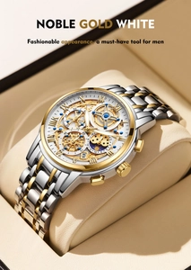 Detail of multi-function men's steel watch with skeleton dial and moon phase in a box