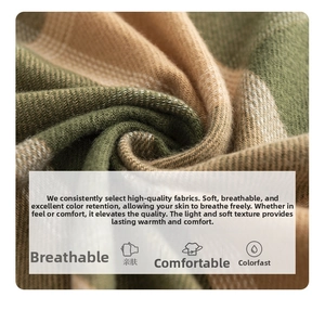Macro view of olive green plaid scarf showing soft cashmere-like fuzzy texture