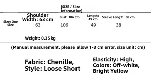 Detailed size chart for chenille knit sweater showing shoulder, chest, and length dimensions