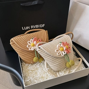 Straw Woven Shoulder Crossbody Bag With Crochet Flower Handmade Small Pastoral Beach Retro Style For Women And Girls