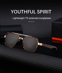 Macro view of dark tortoise shell texture frames and gold metal bridge of polarized shades