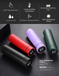 Smart stainless steel vacuum flasks with LED temperature display on lids in four colors
