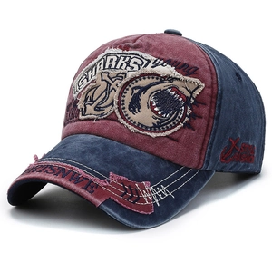 Retro washed cotton baseball cap with navy and burgundy contrast and shark patch