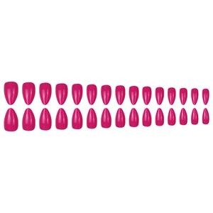 Glossy magenta short almond press-on nails set with 24 pieces on white background