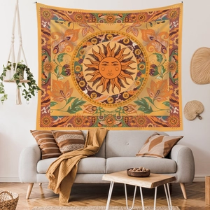 Detailed view of sun tarot tapestry with bohemian floral patterns and zodiac symbols
