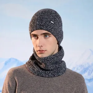 Winter men's knitted hat and scarf set with fleece lining for outdoor cold protection