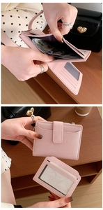Pink PU leather bifold wallet featuring multiple card slots, ID window and zipper compartment