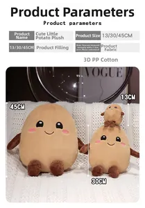 Trois tailles de peluches patates sur une couverture blanche avec détails des dimensions